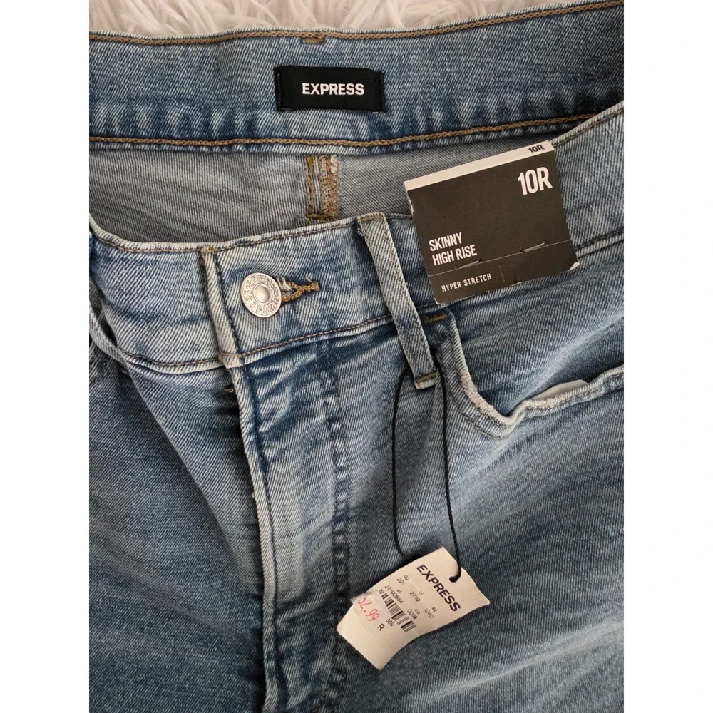 Express Skinny High Rise Hyper Stretch Jeans Medium Wash Distressed 10R NEW